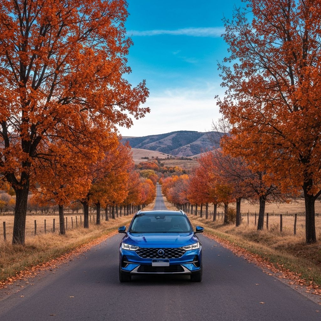 Auto azul en ruta otoñal con 15% de descuento